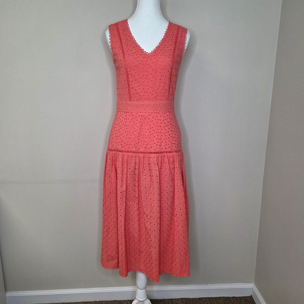 Draper James Coral Eyelet Midi Dress Cotton V-Neck Sleeveless Summer Size 2